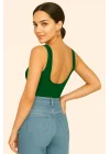 MetuCa Kadın Yeşil Sırt Dekolteli Kayık Yaka Sıfır Kol Jarse Kumaş Basic Bodysuit Zıbın