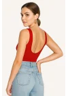 MetuCa Kadın Kırmızı Sırt Dekolteli Kayık Yaka Sıfır Kol Jarse Kumaş Basic Bodysuit Zıbın