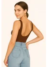 MetuCa Kadın Kahverengi Sırt Dekolteli Kayık Yaka Sıfır Kol Jarse Kumaş Basic Bodysuit Zıbın