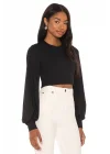 Kadın Siyah Balon Kesim Uzun Kol İpek Jarse Crop Top