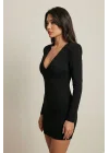 Kadın Siyah Bisiklet Yaka Uzun Kollu Sandy Kumaş Mini Elbise