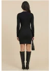 Kadın Siyah Bisiklet Yaka Uzun Kollu Sandy Kumaş Mini Elbise