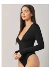 Kadın Siyah Derin V Yaka Ipek Jarse Bodysuit