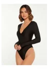 Kadın Siyah Derin V Yaka Ipek Jarse Bodysuit