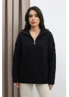 Kadın Siyah Fermuarlı Saç Örgü Desenli Oversize Triko Kazak