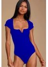 MetuCa Kadın Mavi V Detaylı Kare Yaka Kısa Kollu Jarse Kumaş Tanga Kesim Bodysuit Zıbın