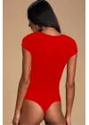 MetuCa Kadın Kırmızı V Detaylı Kare Yaka Kısa Kollu Jarse Kumaş Tanga Kesim Bodysuit Zıbın