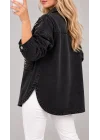 Kadın Siyah Omuz ve Cep Taş İşlemeli Düğmeli Bohem Pinterest Oversize Kot Ceket