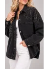 Kadın Siyah Omuz ve Cep Taş İşlemeli Düğmeli Bohem Pinterest Oversize Kot Ceket