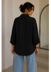 Kadın Siyah Pamuklu Keten Çift Cepli Ahşap Düğme Pinterest Oversize Gömlek