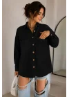 Kadın Siyah Pamuklu Keten Çift Cepli Ahşap Düğme Pinterest Oversize Gömlek