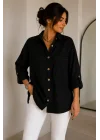 Kadın Siyah Pamuklu Keten Çift Cepli Ahşap Düğme Pinterest Oversize Gömlek