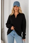 Kadın Siyah Pamuklu Polo Yaka Oversize Triko Kazak