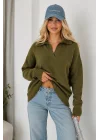 Kadın Yeşil Pamuklu Polo Yaka Oversize Triko Kazak