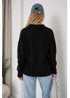 Kadın Siyah Pamuklu Polo Yaka Oversize Triko Kazak