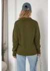 Kadın Yeşil Pamuklu Polo Yaka Oversize Triko Kazak