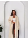Kadın Bej Pamuklu Uzun Kimono Yaka Oversize Triko Hırka