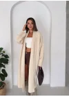 Kadın Bej Pamuklu Uzun Kimono Yaka Oversize Triko Hırka