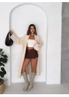 Kadın Bej Pamuklu Uzun Kimono Yaka Oversize Triko Hırka