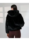 Kadın Siyah Peluş Kapüşonlu Fermuarlı Astarlı Oversize Bomber Mont