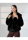 Kadın Siyah Peluş Kapüşonlu Fermuarlı Astarlı Oversize Bomber Mont