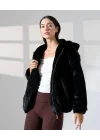 Kadın Siyah Peluş Kapüşonlu Fermuarlı Astarlı Oversize Bomber Mont