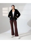 Kadın Siyah Peluş Kapüşonlu Fermuarlı Astarlı Oversize Bomber Mont