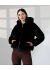 Kadın Siyah Peluş Kapüşonlu Fermuarlı Astarlı Oversize Bomber Mont