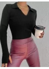 Kadın Siyah Polo Yaka Parmak Detay Triko Bluz 2047