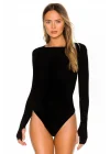 Kadın Siyah Sıfır Yaka Parmak Geçmeli Bodysuit
