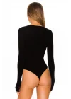 Kadın Siyah Sıfır Yaka Parmak Geçmeli Bodysuit