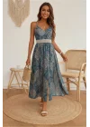 Kadın Mavi Şal Desenli V Yaka Beli Güpürlü Yırtmaçlı İp Askılı Yazlık Elbise