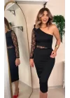 Kadın Siyah Tek Kol Dantel Detay Krep Elbise