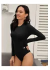 Kadın Siyah Uzun Kol Ipek Jarse Bodysuit
