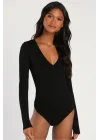 Kadın Siyah V Yaka Uzun Kollu Tanga Kesim Esnek Sandy Bodysuit