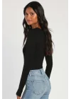 Kadın Siyah V Yaka Uzun Kollu Tanga Kesim Esnek Sandy Bodysuit