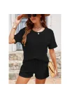 Kadın Siyah Waffle Kumaş Bisiklet Yaka Kısa Kollu Şortlu İkili Takım