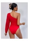Kadın Tek Kol Kırmızı Ipek Jarse Bodysuit