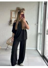 Kadın Tek Omuzdan Açık Geniş Kesim Viskon Iki Iplik Bluz Ve Pantolon Ikili Takım