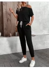 Kadın Tek Omuzdan Açık Viskon Iki Iplik Bluz Bağcıklı Pantolon Ikili Takım