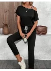 Kadın Tek Omuzdan Açık Viskon Iki Iplik Bluz Bağcıklı Pantolon Ikili Takım