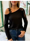Kadın Tek Omuzu Açık Askılı Dantelli Viskon Bluz