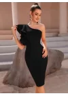 Kadın Tek Omuzu Açık Diğer Omuz Volan Detay Midi Ithal Krep Elbise