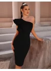 Kadın Tek Omuzu Açık Diğer Omuz Volan Detay Midi Ithal Krep Elbise