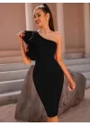Kadın Tek Omuzu Açık Diğer Omuz Volan Detay Midi Ithal Krep Elbise