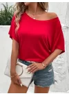 Kadın Tek Omuzu Açık Kısa Kollu Salaş Viskon Bluz