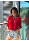 Kadın Tek Omuzu Açık Kısa Kollu Salaş Viskon Bluz