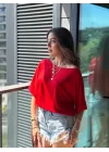 Kadın Tek Omuzu Açık Kısa Kollu Salaş Viskon Bluz