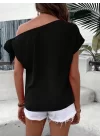 Kadın Tek Omuzu Açık Koldan Bağlamalı Janjan Krep Bluz