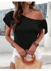 Kadın Tek Omuzu Açık Koldan Bağlamalı Janjan Krep Bluz